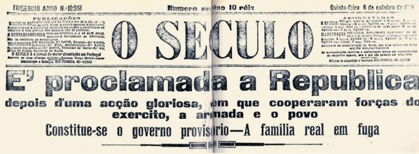 Capa do jornal O SECULO, quinta-feira 5 de outubro de 1910
